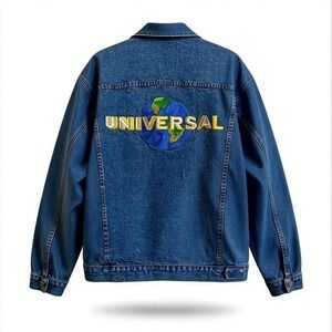 Vintage Universal Studios Denim‎ Jacket Made in USA Embroidered Globe Logo XL